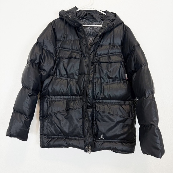 Jordan Hooded Black Puffer Jacket Grey Duck Down Coat - Picture 3 of 10